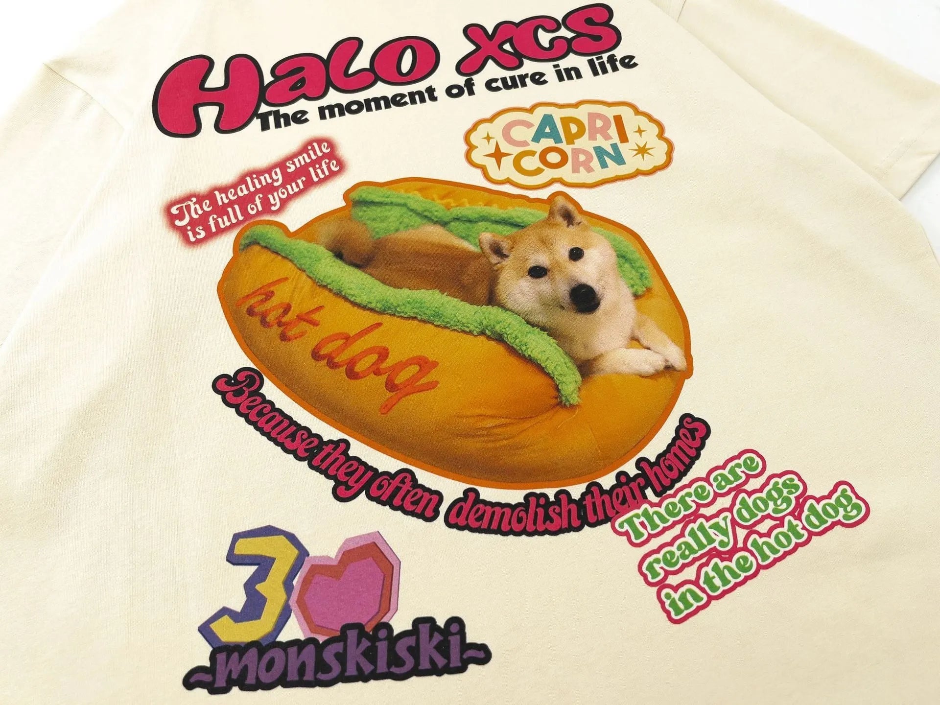 Cartoon hamburger dog printed loose fit cotton T-shirt in white colour