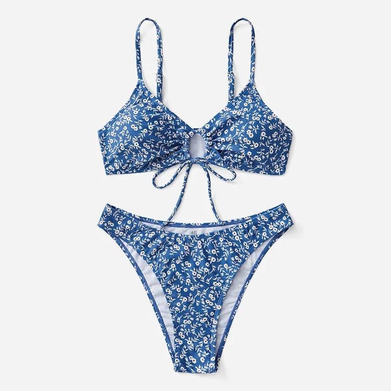 Blue polyester swimsuit three-piece set without underwire showing top and shorts