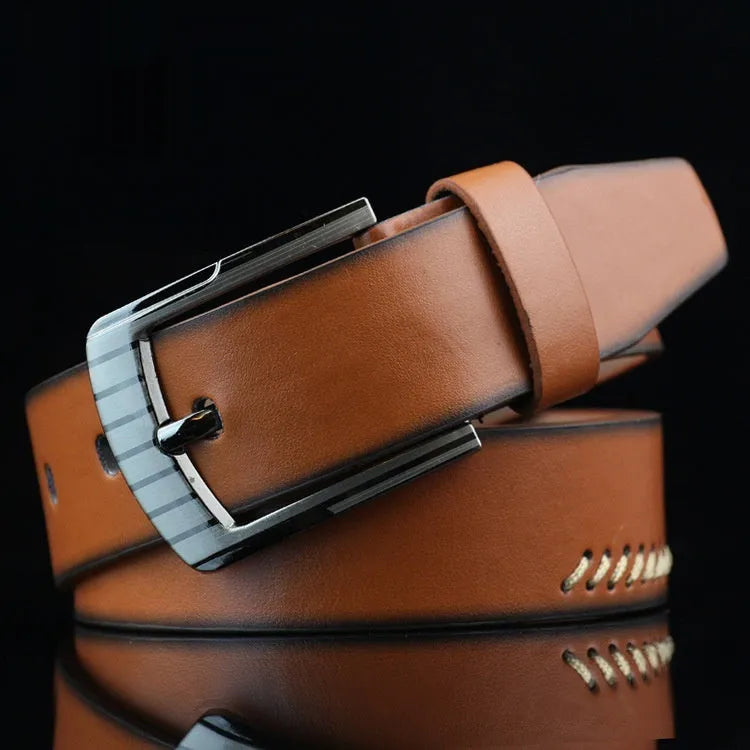 Men's threading casual student pin buckle belt in imitation leather with alloy buckle
