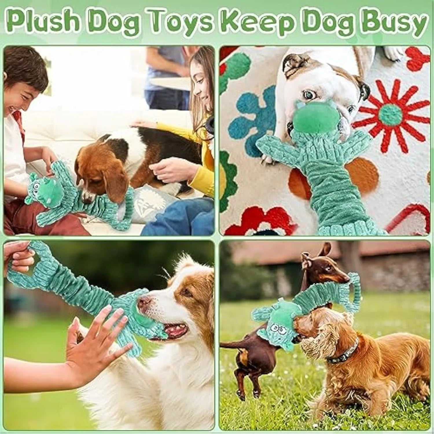 Large blue plush dog toy with handle for tug-of-war play