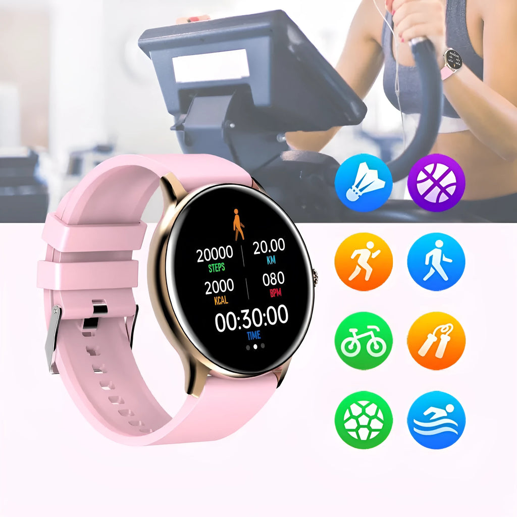 Black smart watch with blood pressure monitoring on a wrist, showing a 1.28-inch touch screen display.