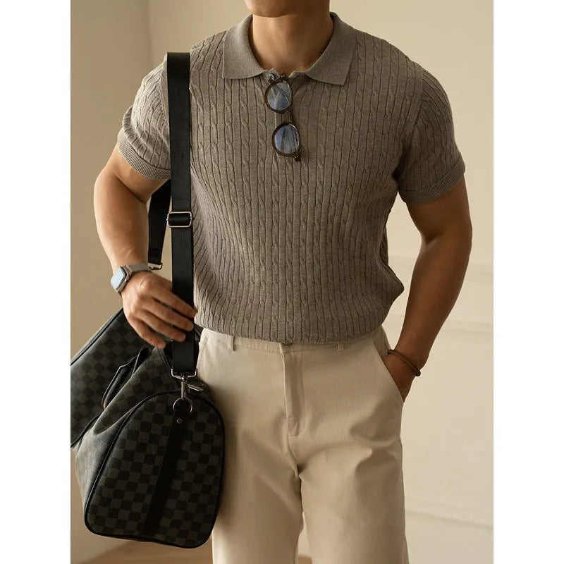 Men's short-sleeve business casual top in khaki colour, showing front design and fabric texture.