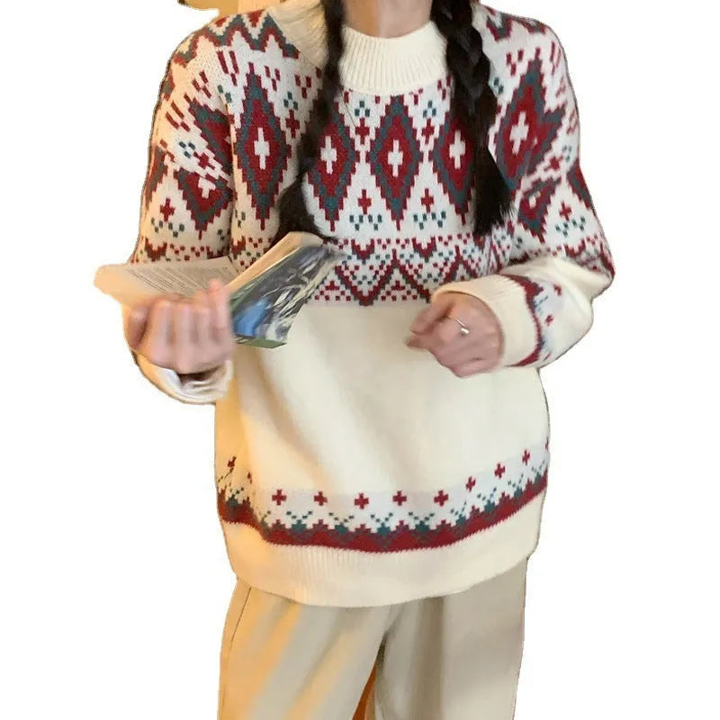 Loose red and white striped retro-style pullover knitted top with long sleeves