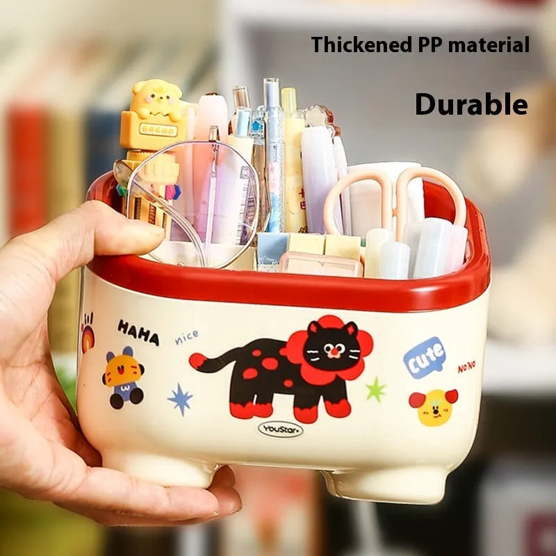Cartoon-style red and brown plastic desktop storage organiser with 2L capacity and organisation stickers.