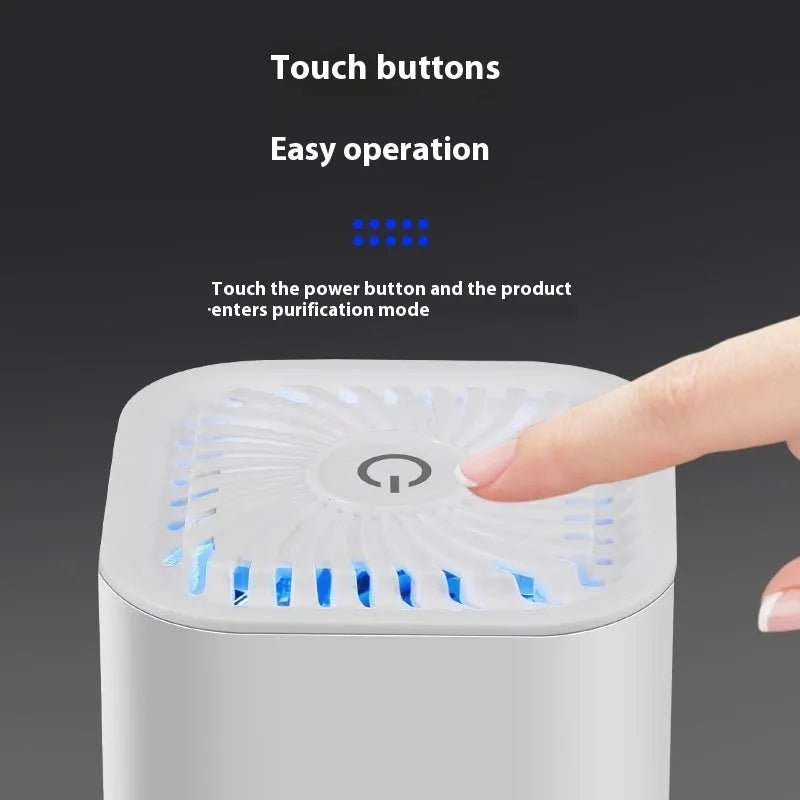 Black and white mini USB car air purifier for small spaces under 10 square metres.