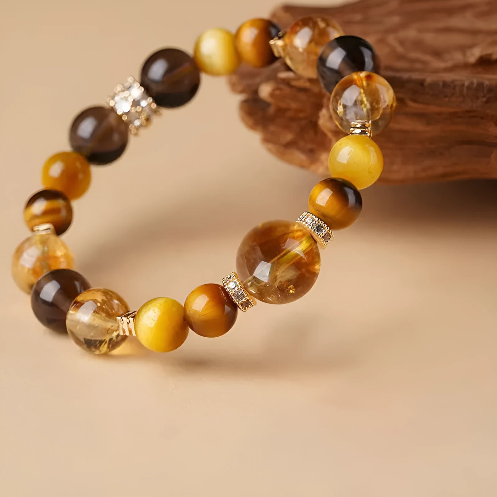 Geometric crystal bracelet with yellow tower and tiger-eye stones in 10mm or 12mm sizes