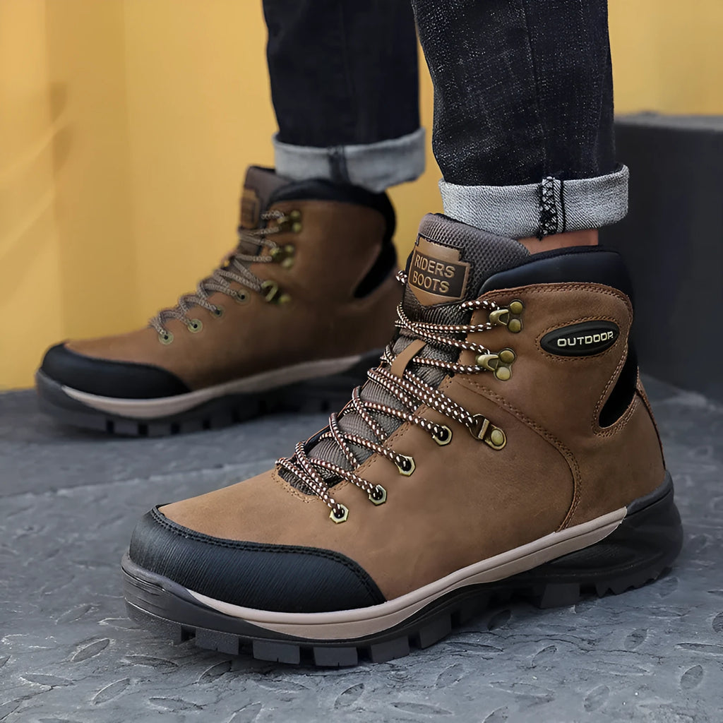 Men's winter high-top cotton boots in black, first layer cowhide leather, velvet lining, rubber sole, lace-up style