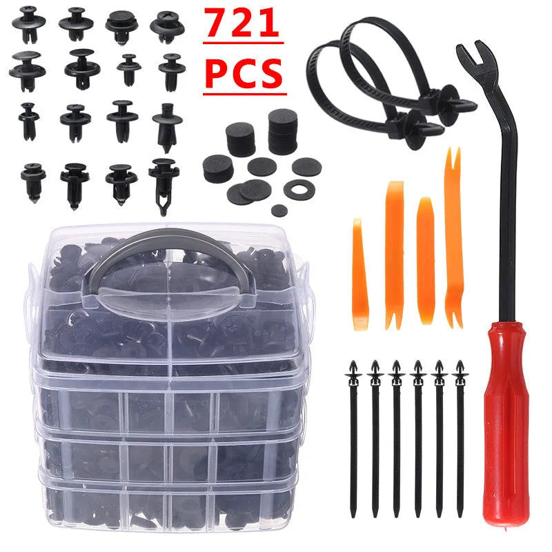 Automotive fastener kit with 721 boxed buckles, screwdriver, rocker, cable ties, and gaskets in carton packaging