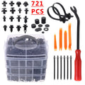 Automotive fastener kit with 721 boxed buckles, screwdriver, rocker, cable ties, and gaskets in carton packaging