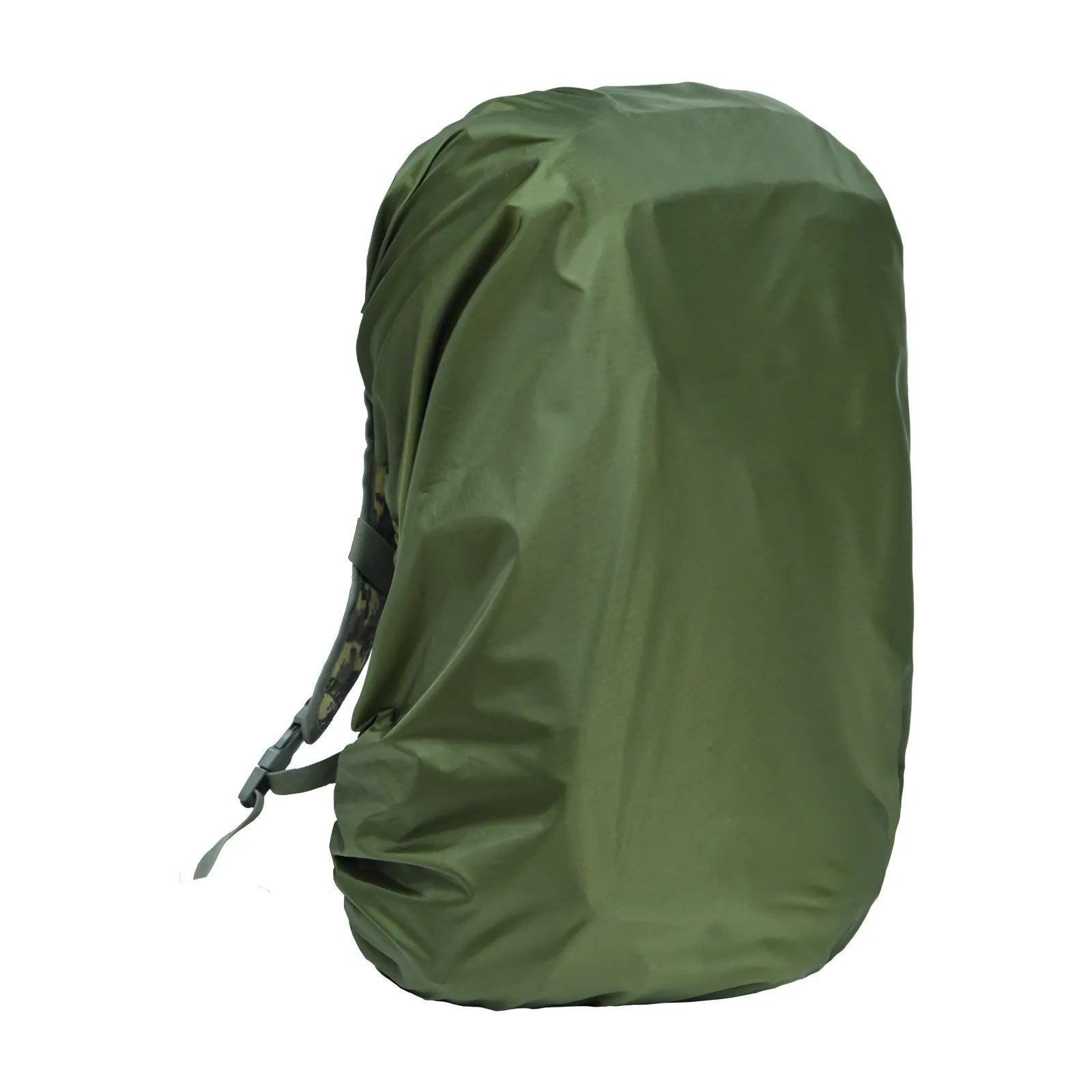 Army green PU material backpack rain cover laid flat, sized for an 80L pack.