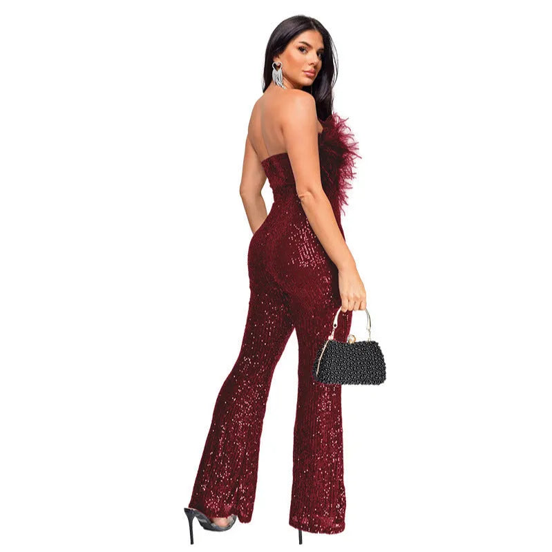 Women's sleeveless backless jumpsuit with flared legs and sequin detailing in wine red colour