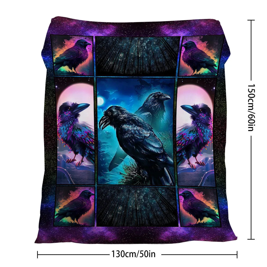 Flannel colourful raven print soft multifunctional throw blanket in multicoloured size options