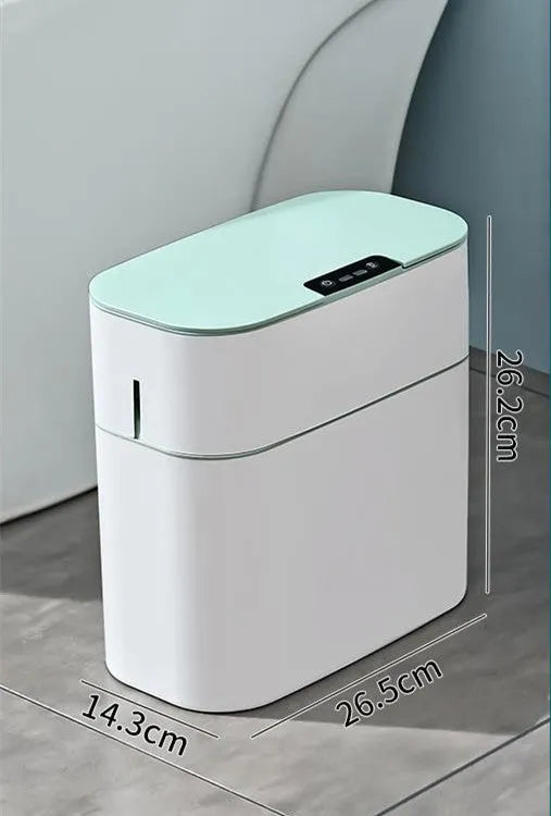 Automatic electric trash bin with inductive sensor, white plastic 15L long barrel shape, USB charging base