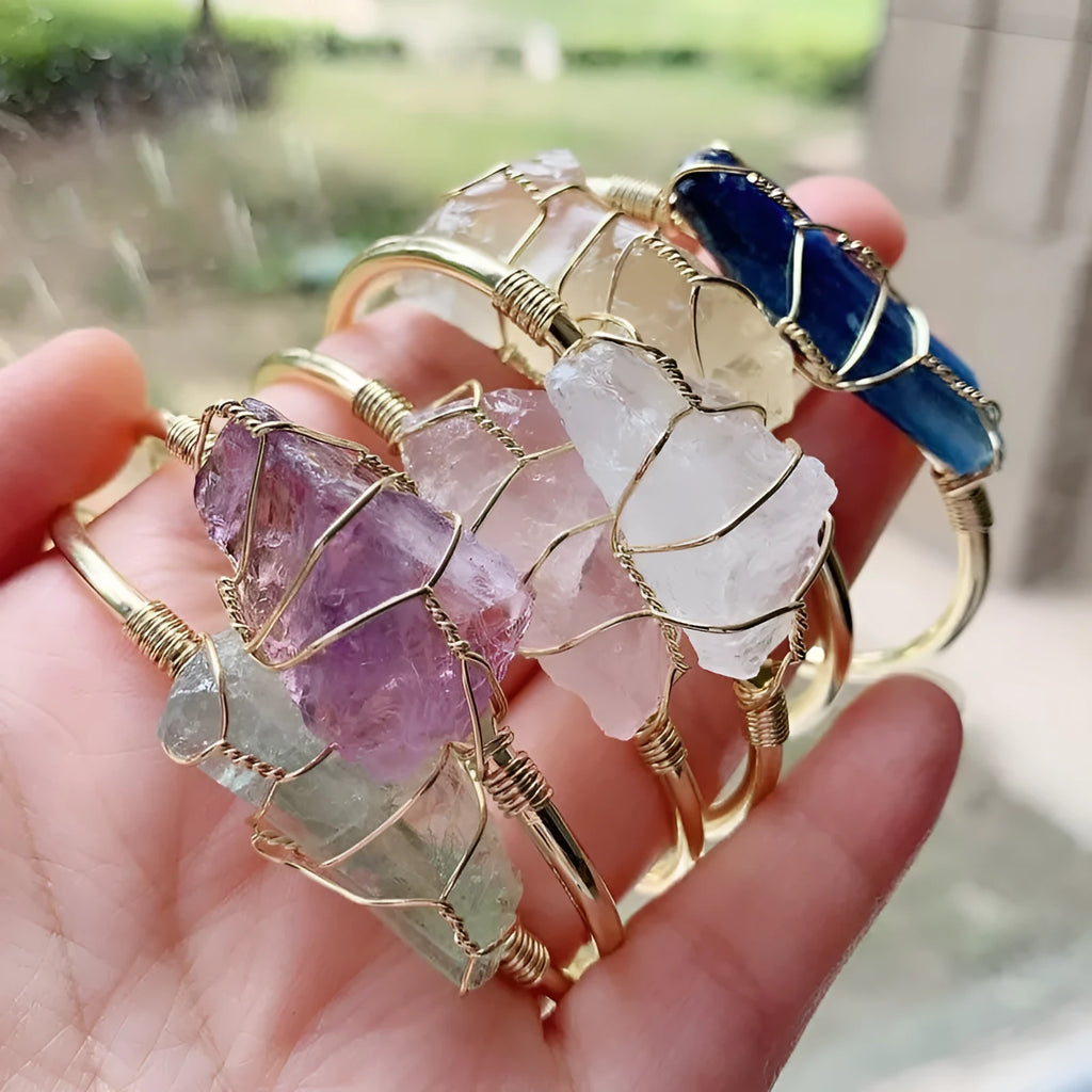 Natural rough crystal bracelet with gold wire winding in geometric bohemian design