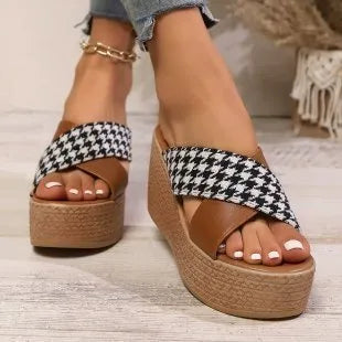 Cross leopard plaid wedge sandals with rubber sticky sole in black and brown plaid patterns