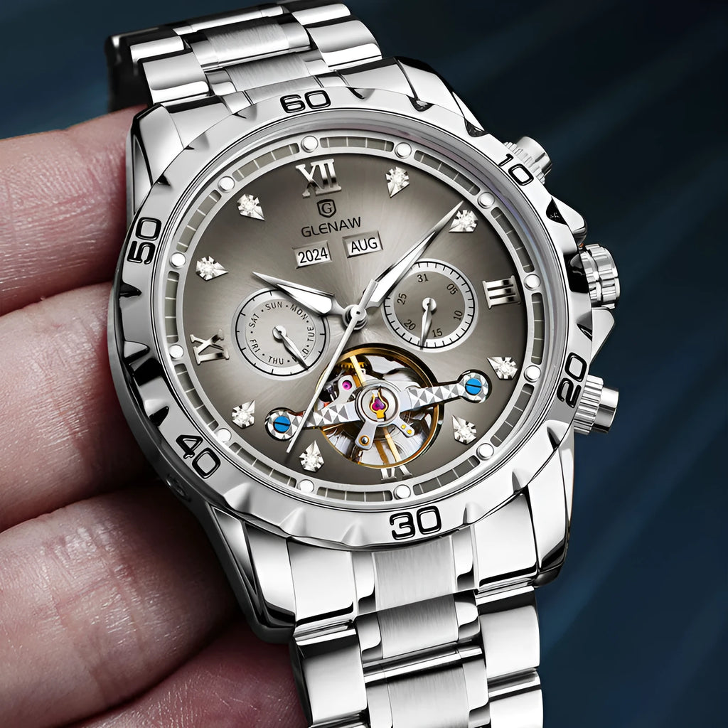 Men's automatic mechanical watch with stainless steel strap and mineral glass in multiple colour options