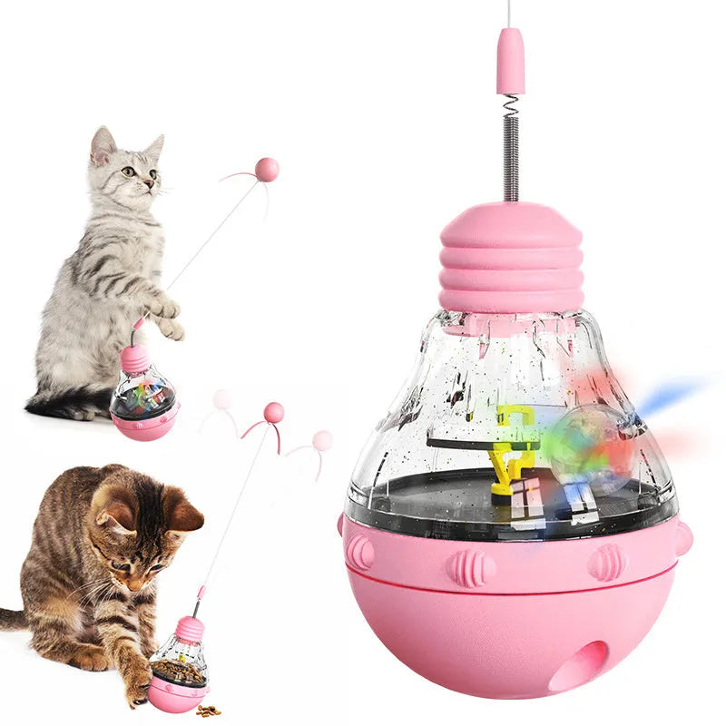 Electric yellow cat interactive toy wand with bouncing ball, ribbon teaser, and rotating food dispenser base