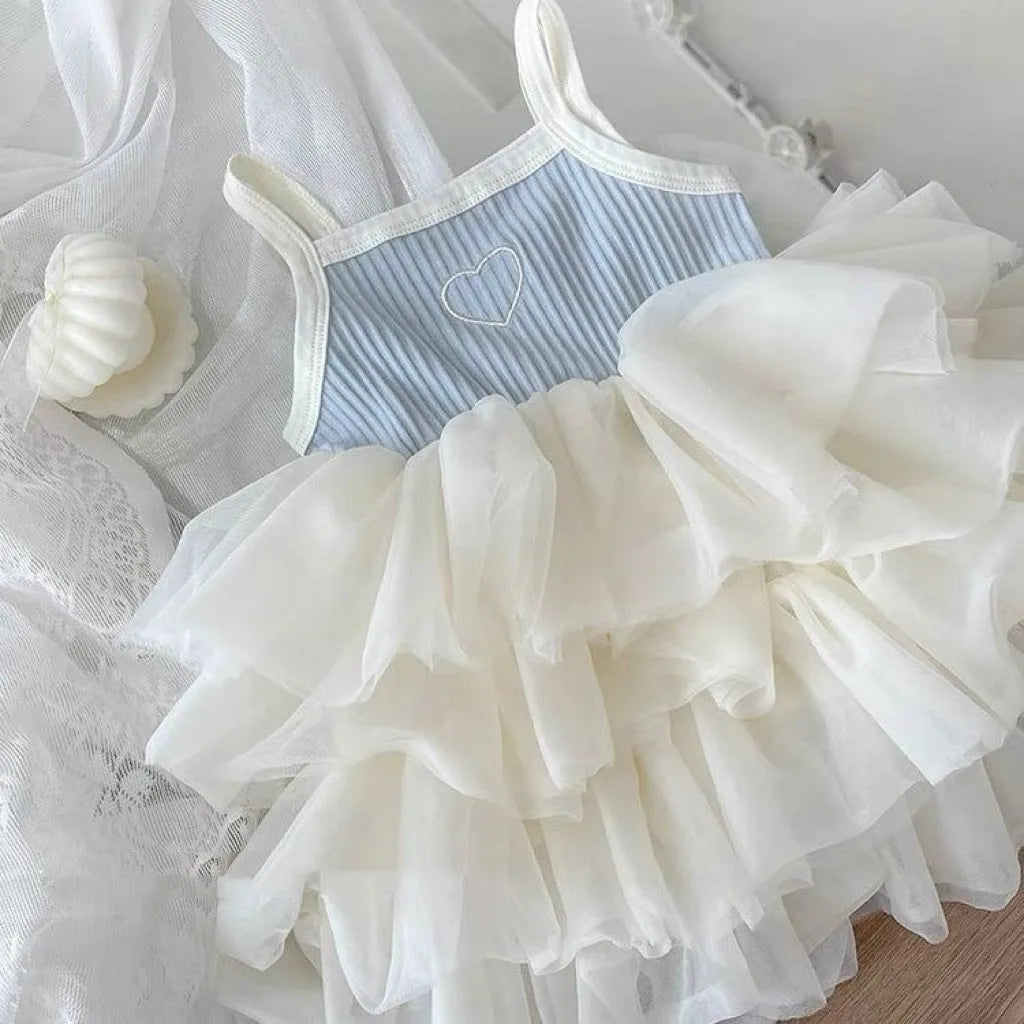 Girls cotton suspender baby cake dress in light blue, vest-skirt style, on a child, size 73-130cm