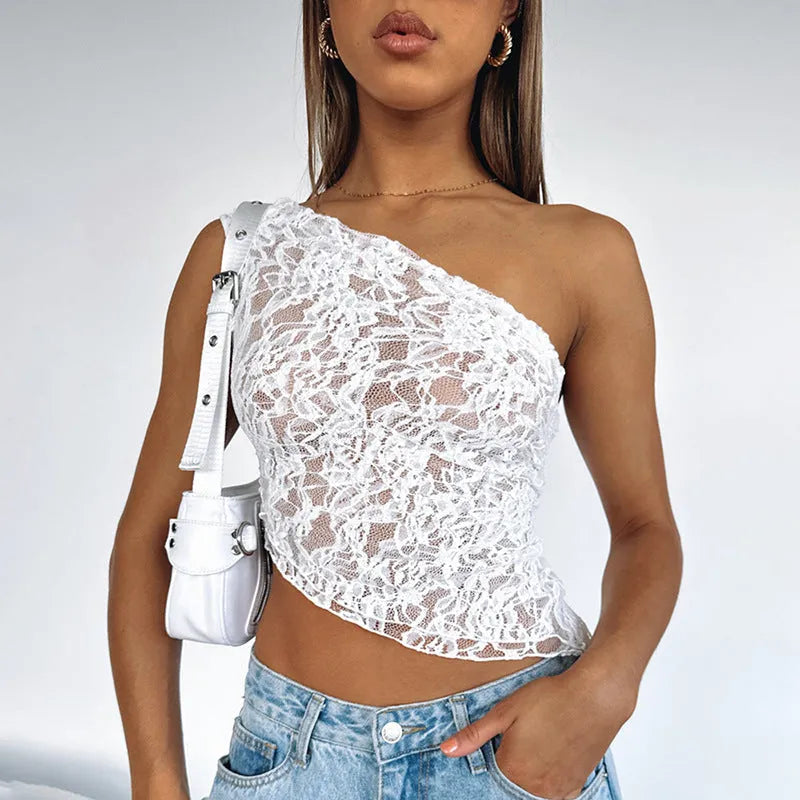 Women's lace backless sleeveless polyester vest top with asymmetrical neckline in solid colour