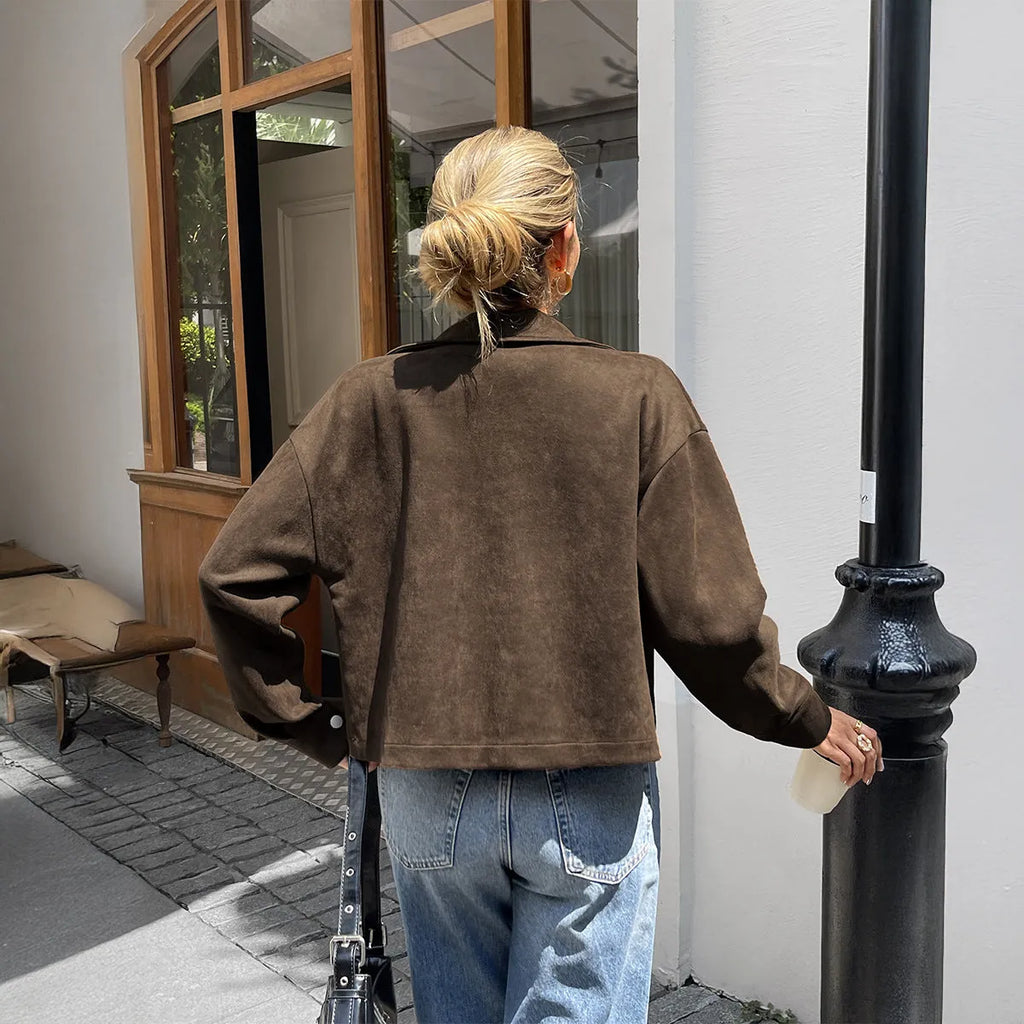 Women's turn-down collar long sleeve jacket coat in brown polyester fabric
