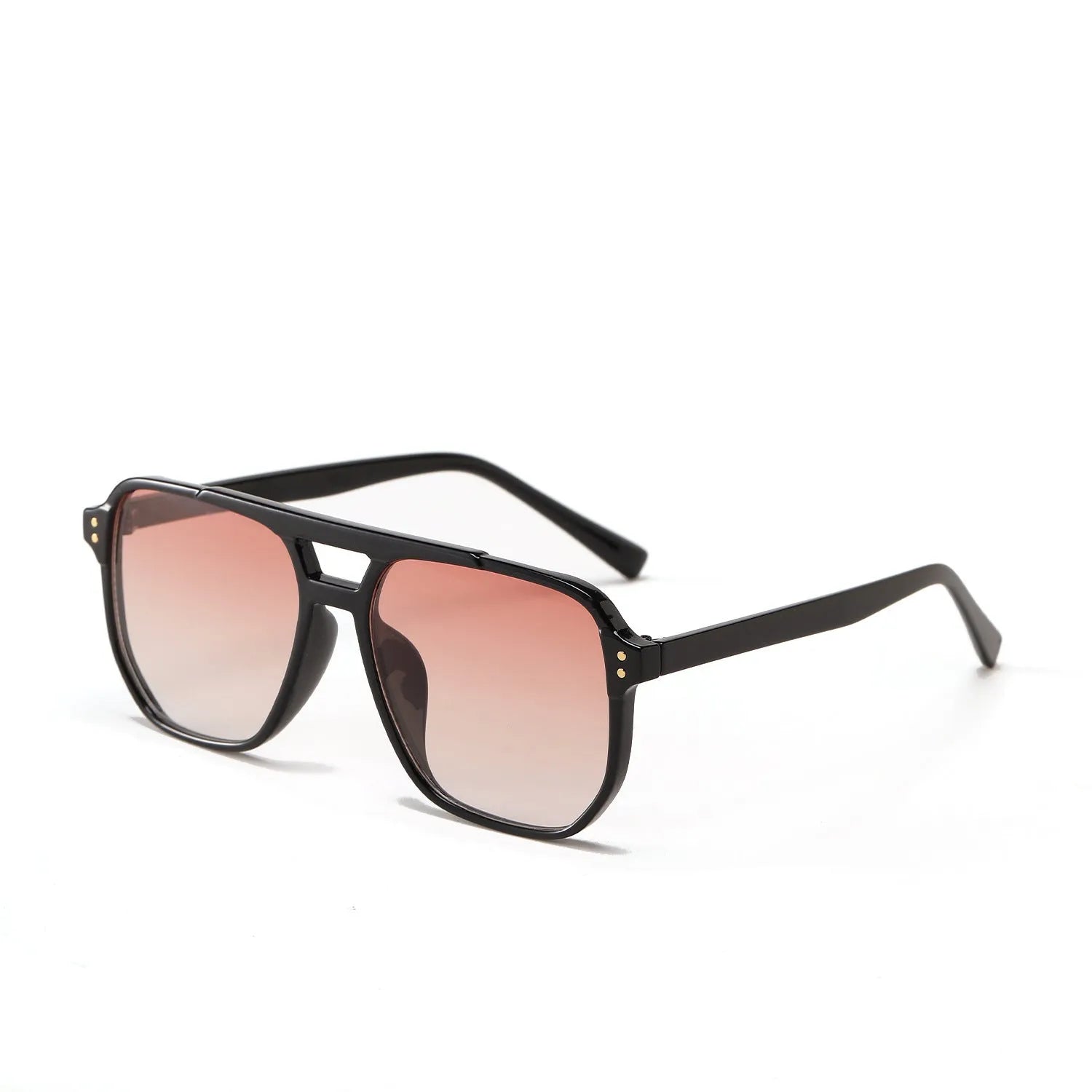 Square double beam sunglasses for women in black frame with pink lens, showing full frame design.