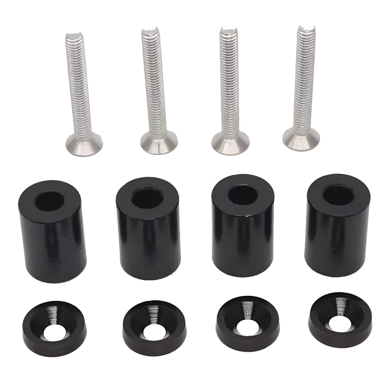 Aluminium machine cover pad height spacer kit with screws, nuts, and washers in red, blue, and black colours.