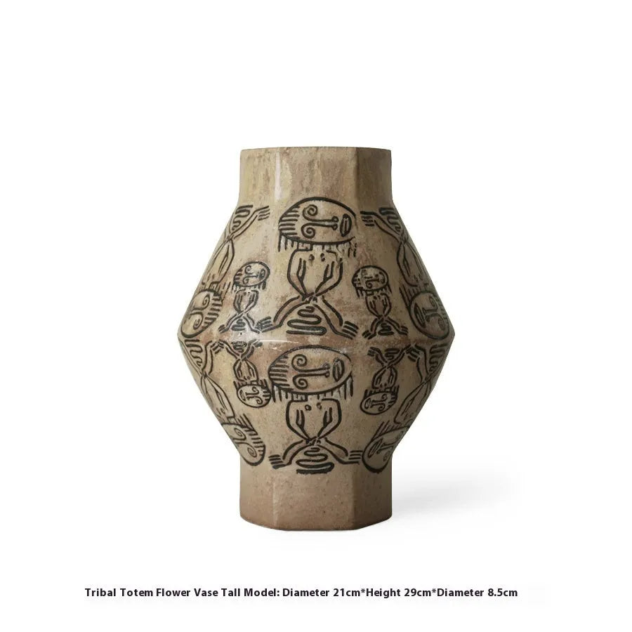 Hand-painted cylindrical ceramic vase with vintage carved tribal totem flower art.