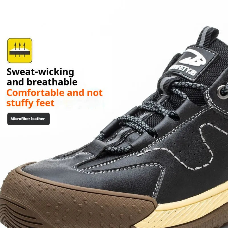 Flyknit leather work safety shoes with rubber sole in black colour, size 42 displayed