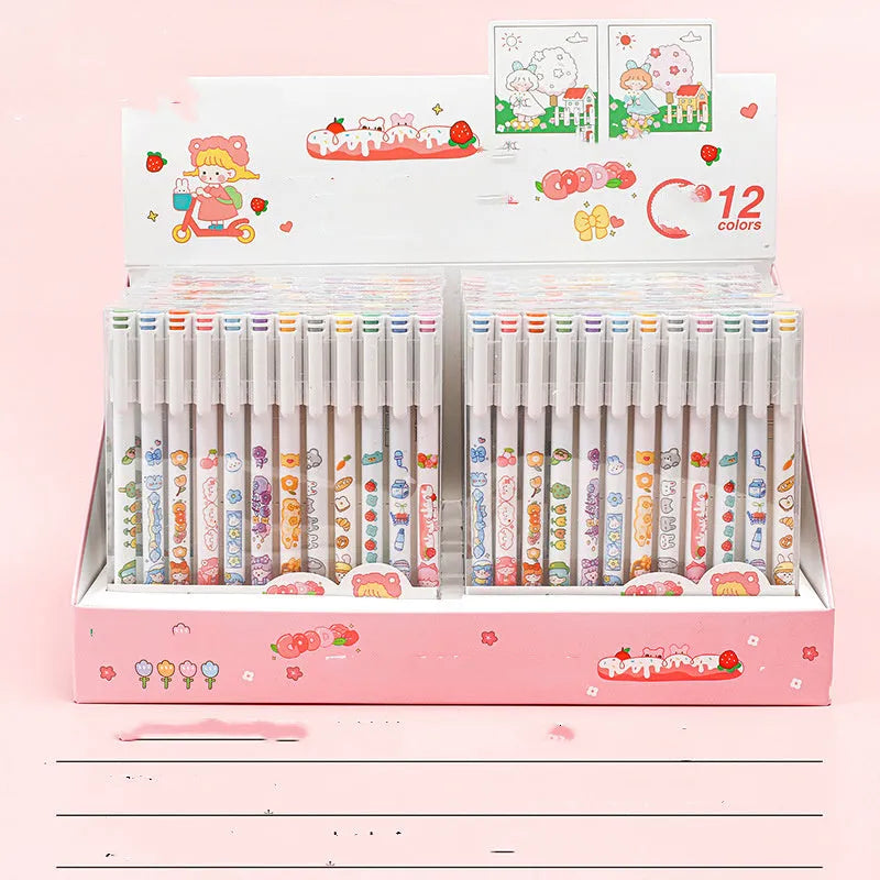 Twelve-colour gel pen set with cartoon-style plastic bodies and fine 0.5mm tips for hand account and office use.