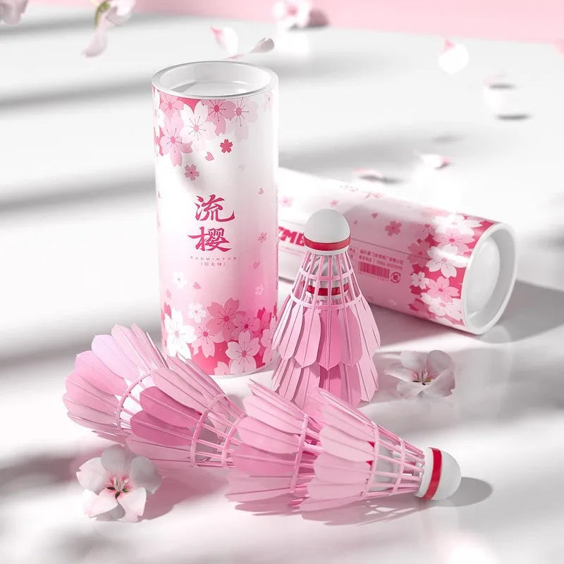 Pink goose feather badminton shuttlecocks in 6 pack on court background