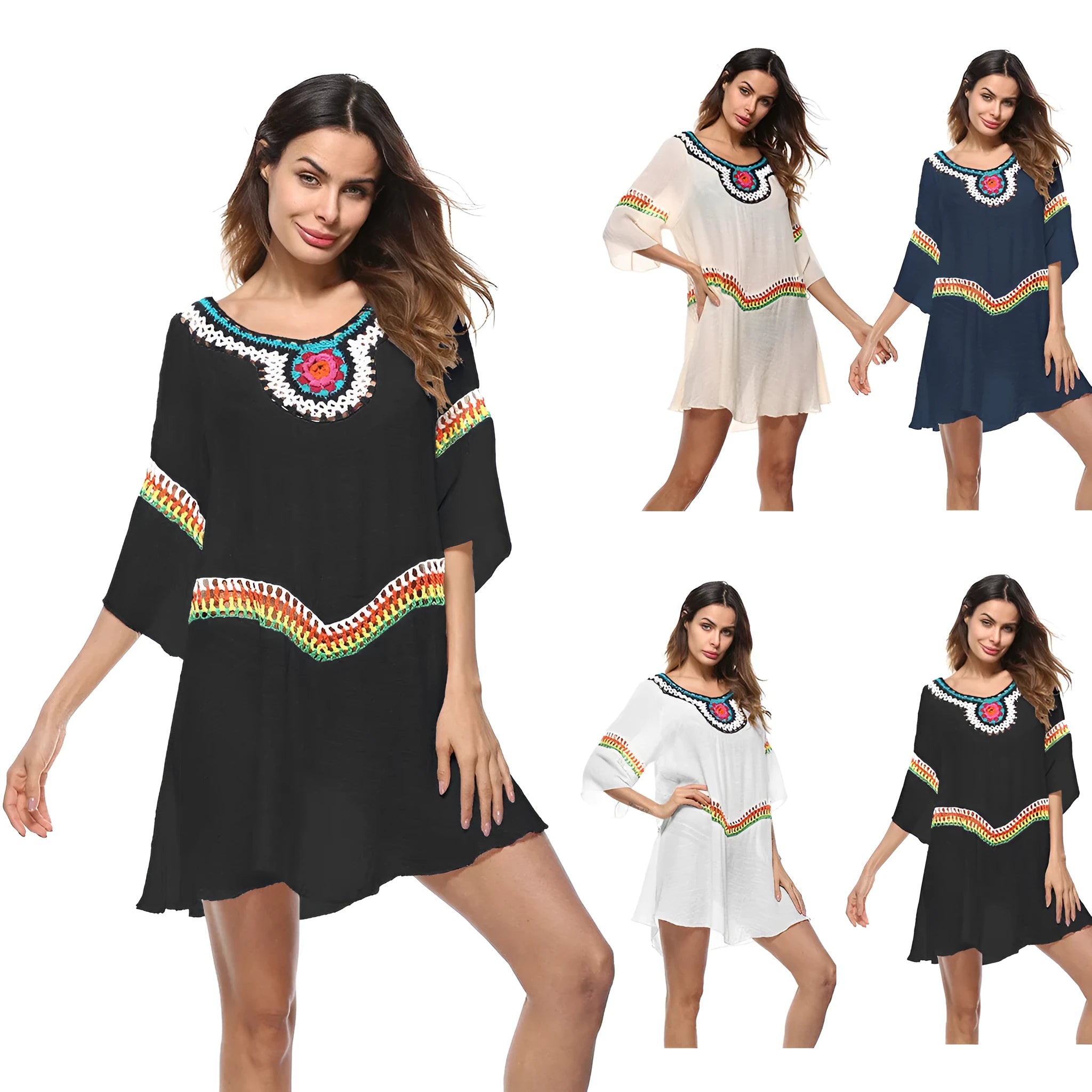 Women's crocheted ethnic style sun protection clothing in apricot colour with beach background