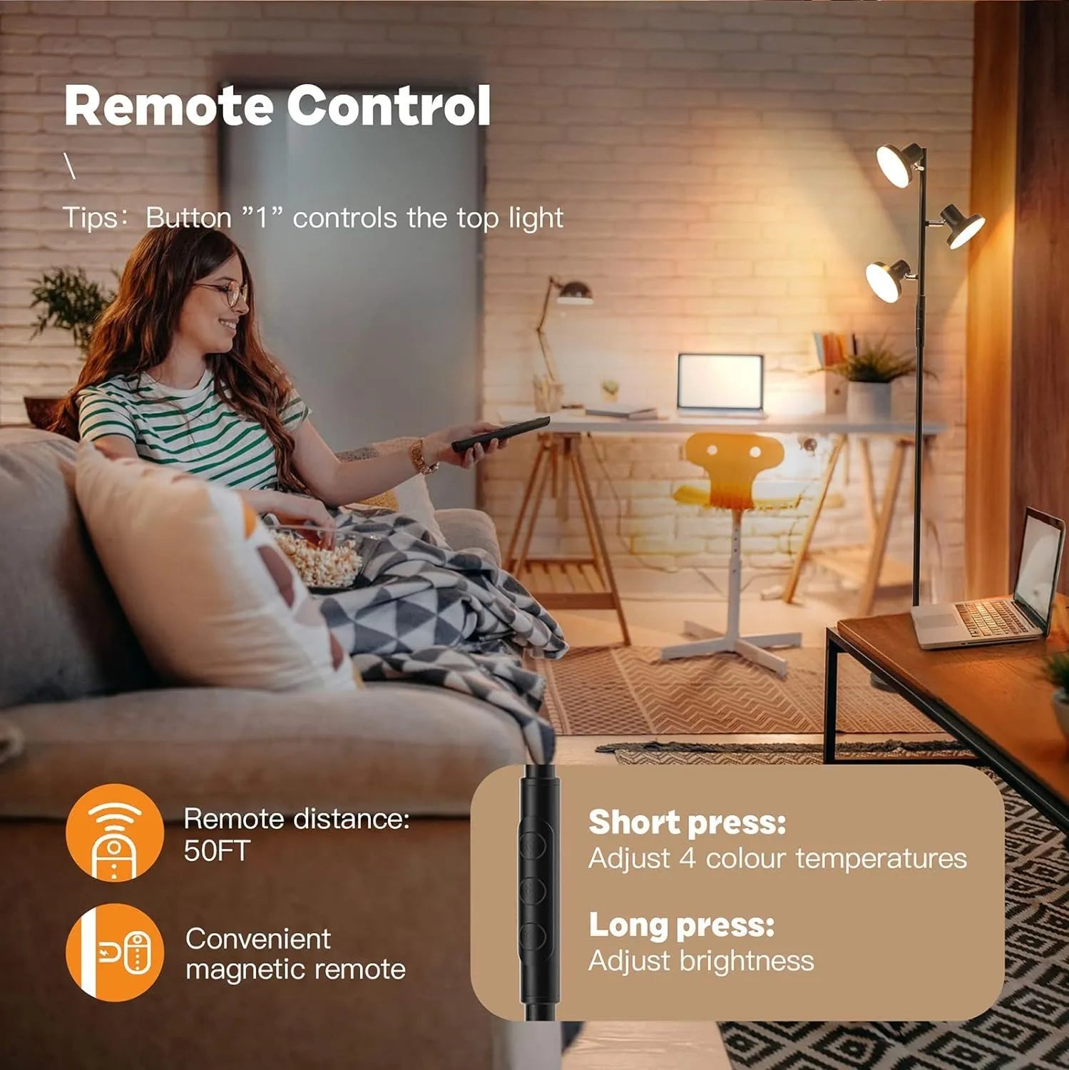 Black adjustable floor lamp with rotatable head and remote control in a living room