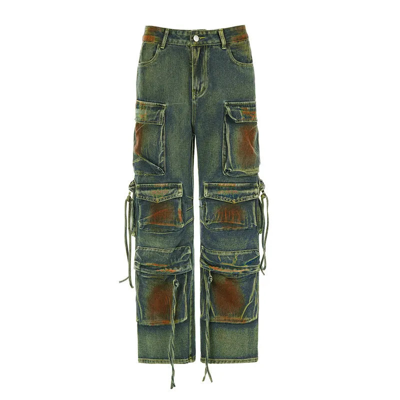 Loose cargo denim trousers with gradient colour pockets and collage stitching detail