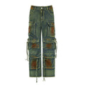 Loose cargo denim trousers with gradient colour pockets and collage stitching detail