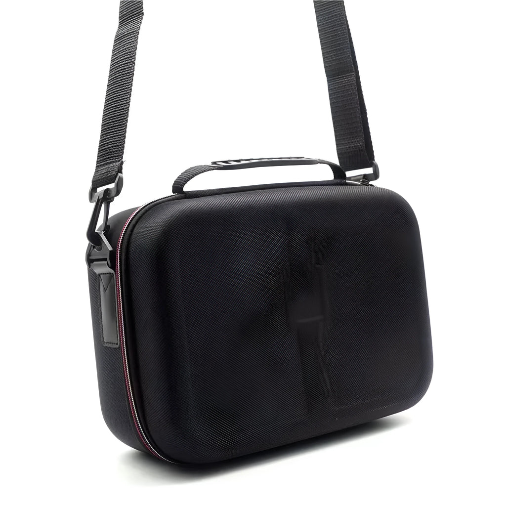 Black EVA game console accessory storage bag showing two size options for organising controllers and cables