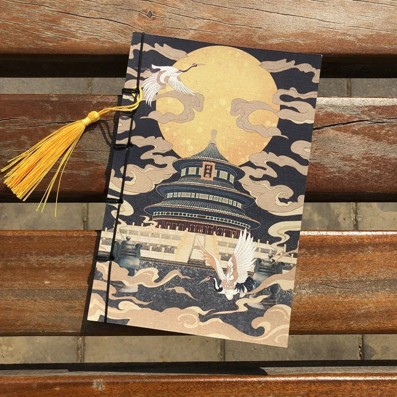 A5 antique wire-bound notebook with retro painting cover, wax rope binding, and tassels