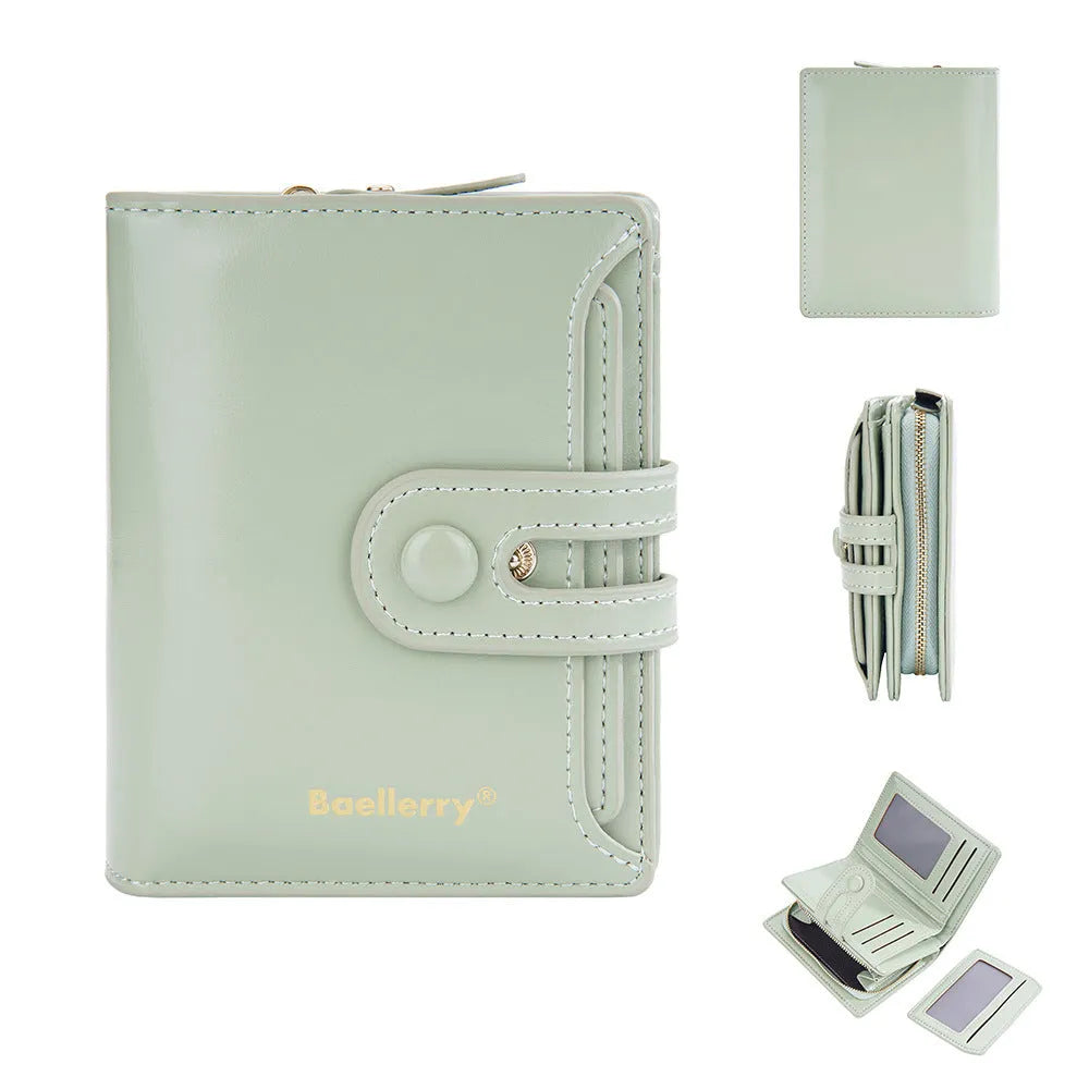 Women's PU leather card holder wallet shown in multiple colour options including black, pink, and blue.