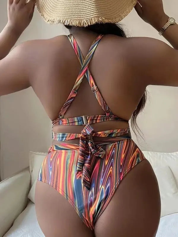 Women's high waist split floral bikini swimsuit in polyester with matching top and pants
