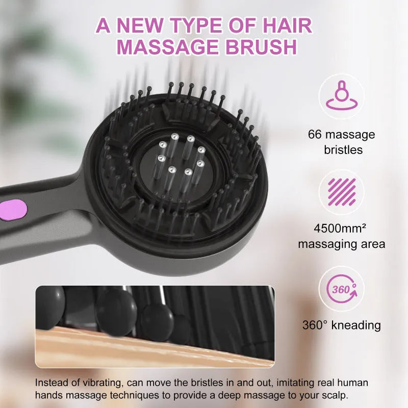A black USB-powered hair brush massager with a mechanical two-speed switch on a grey background.