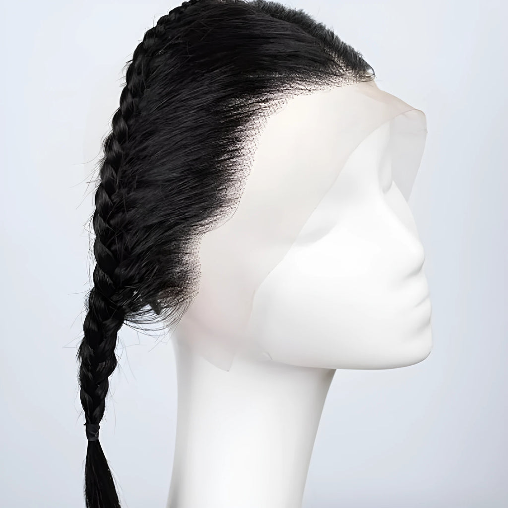 10-inch black lace frontal pre-braided wig with bangs headband style