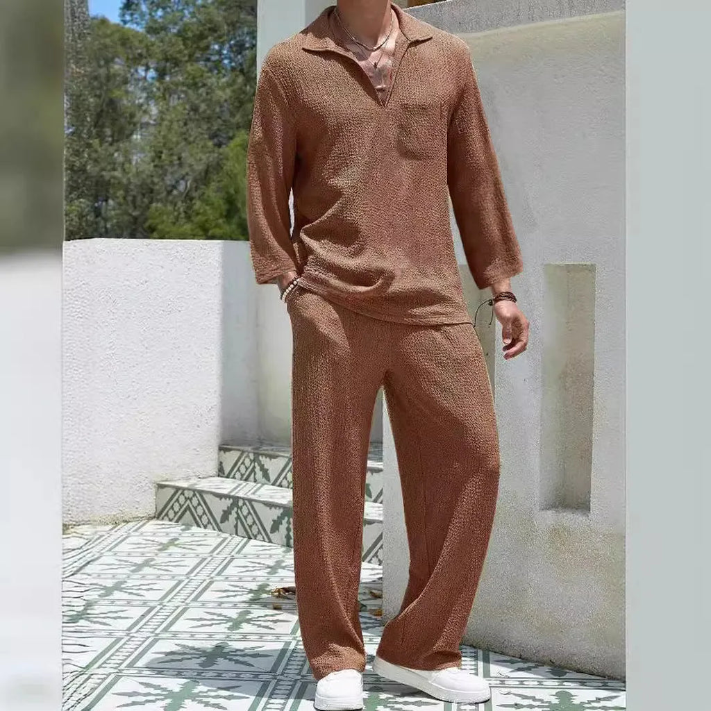 Men's casual polyester shirt and trousers set in lake blue, shown as a co-ordinated autumn leisure outfit.