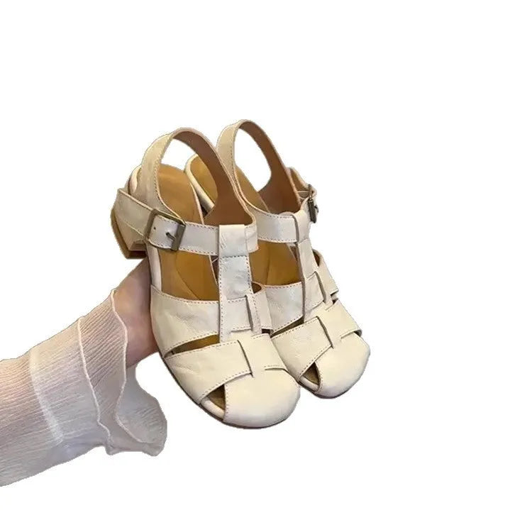 Women's woven buckle heels in apricot colour, round toe, two-layer cowhide upper, rubber sole