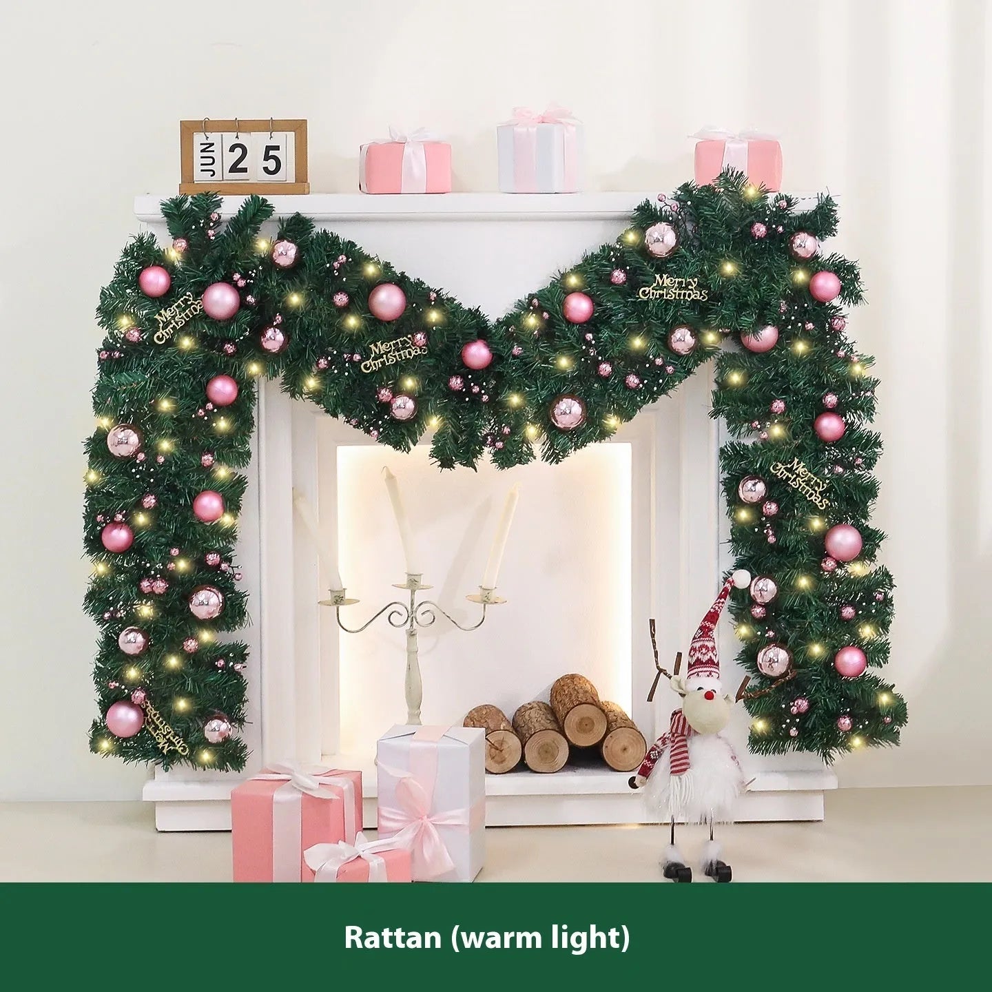 2.7 metre pink Christmas rattan vine garland with 240 decorations and optional LED lights
