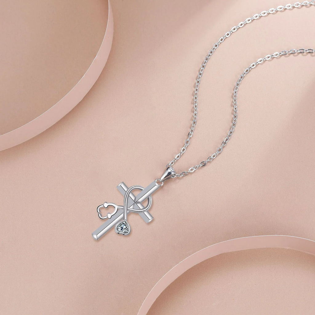 Women's copper stethoscope necklace with cross chain and electroplated finish