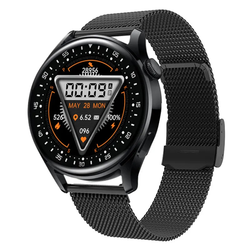 Smart watch with 1.32-inch touchscreen display showing health metrics on leather wristband