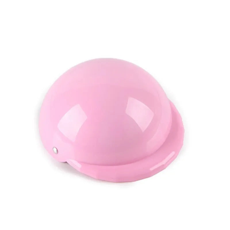 Dog wearing plastic motorcycle cap helmet in Japanese South Korean style, solid colour with paint surface treatment