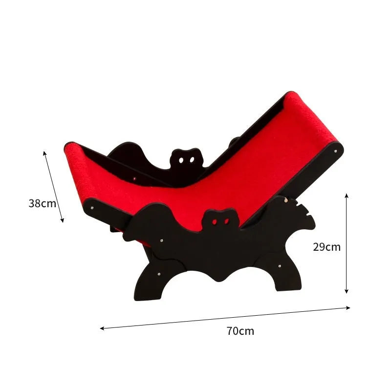 Black and red Halloween themed wooden cat recliner bed with cage enclosure.