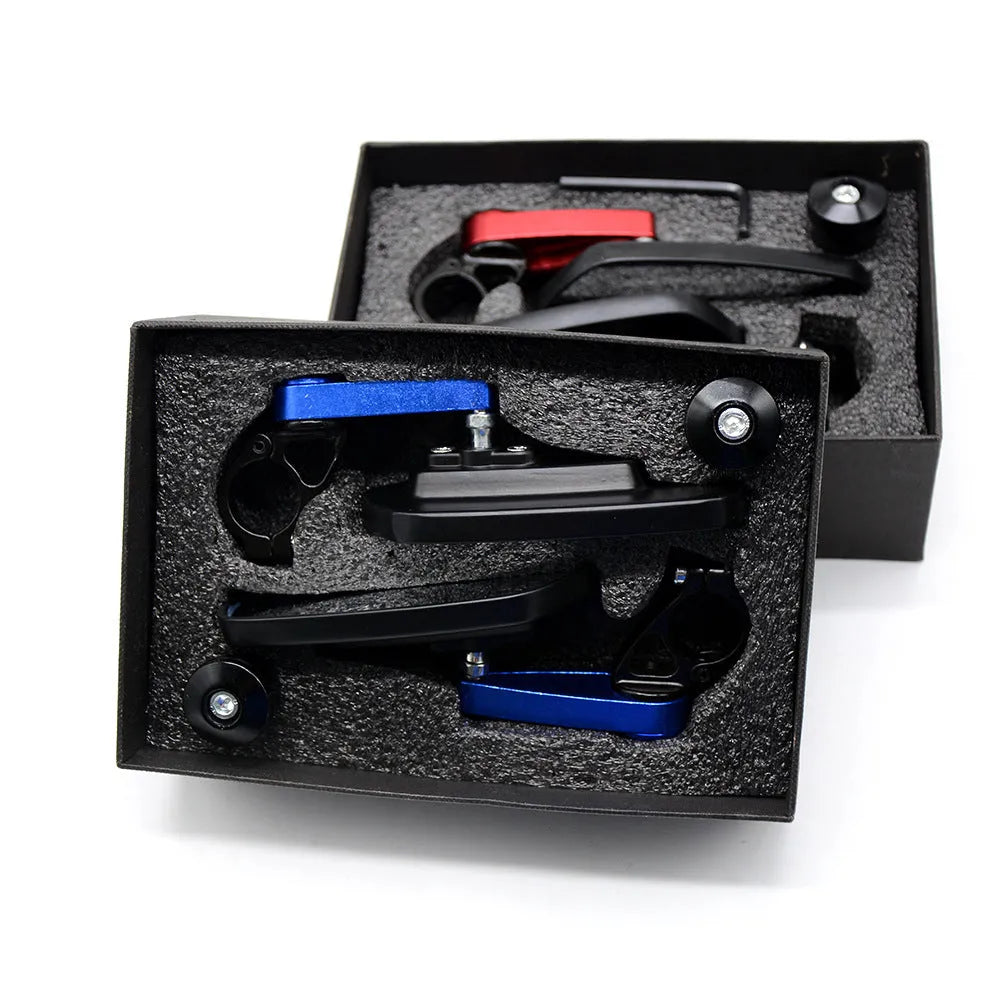 Aluminium alloy CNC motorcycle rearview mirror for 22mm handlebars in black with blue glass