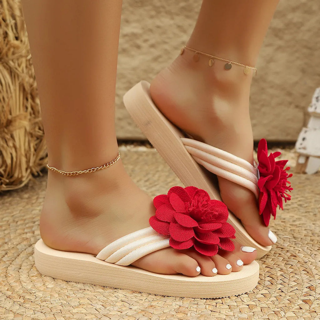 Women's solid colour PU upper flower flat toe flip-flop sandal in beige white, side view