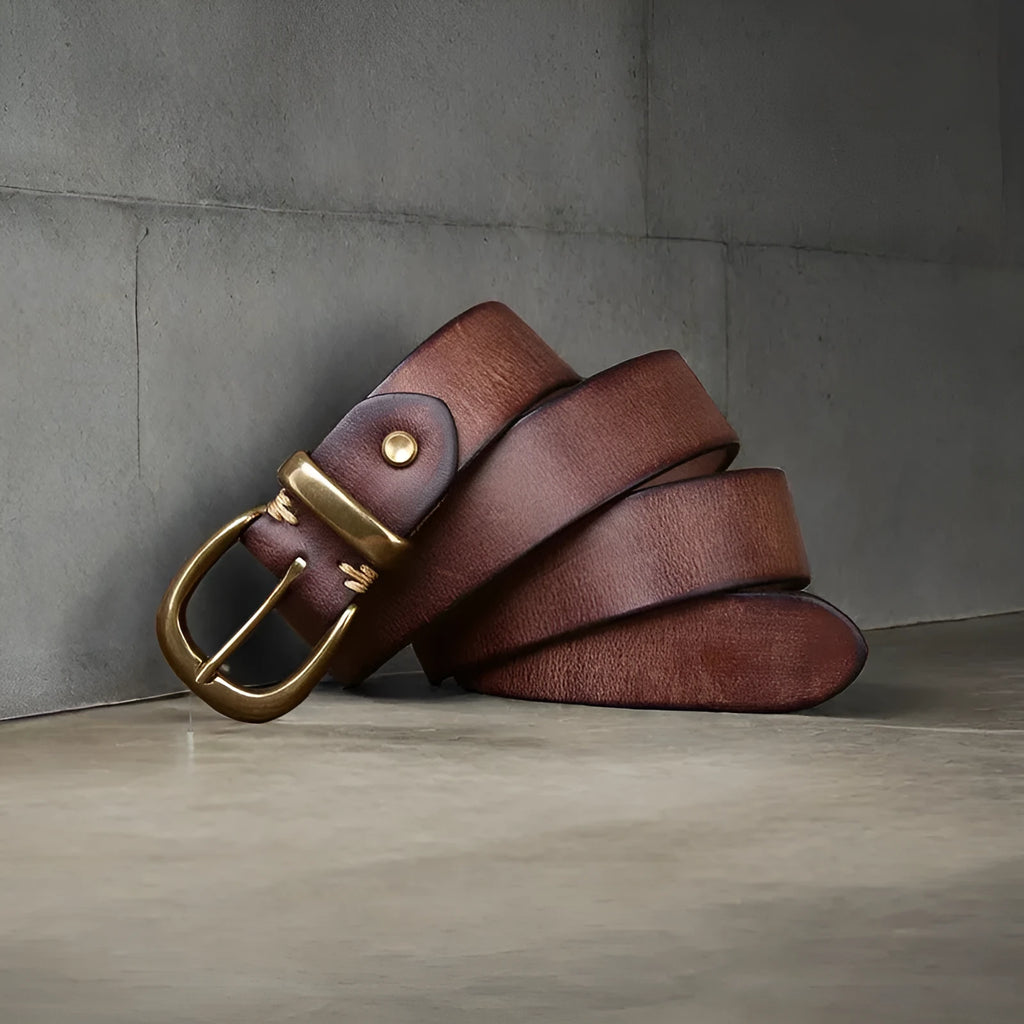 Men's genuine cowhide leather casual belt with copper buckle in black, brown or khaki.